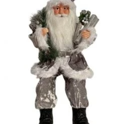 The Christmas Palace 2 FT SILVER SANTA SITTING WITH HIS GIFT BAG Santas