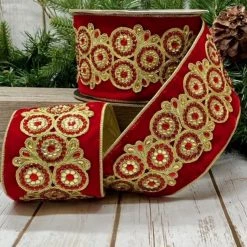 The Christmas Palace 4" X 5YD RED VELVET CIRCULAR METALLIC BACK RIBBON Ribbon & Bows