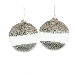 The Christmas Palace 5" SILVER GLASS WITH GLITTER ORNAMENT SET OF 6