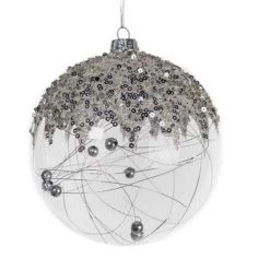 The Christmas Palace 5" CLEAR GLASS BALL WITH SILVER SEQUINS ORNAMENT SET OF 6