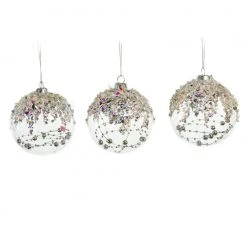 The Christmas Palace 4" CLEAR GLASS BALL WITH SILVER BEADS ORNAMENT SET OF 6