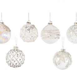 The Christmas Palace Christmas Ornaments 3" GLASS CRYSTAL CLEAR WITH SILVER ACCENTS ORNAMENTS ASSORTED SET OF 12