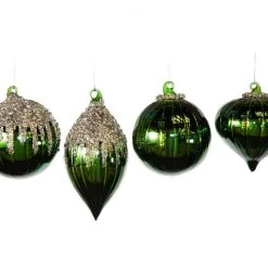 The Christmas Palace 4" SHINY GREEN GLASS ORNAMENT ASSORTED SET OF 12