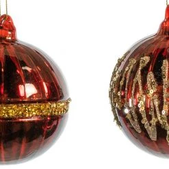 The Christmas Palace 5" RED GLASS WITH DECORATIVE GLITTER ORNAMENT SET OF 12 Christmas Ornaments