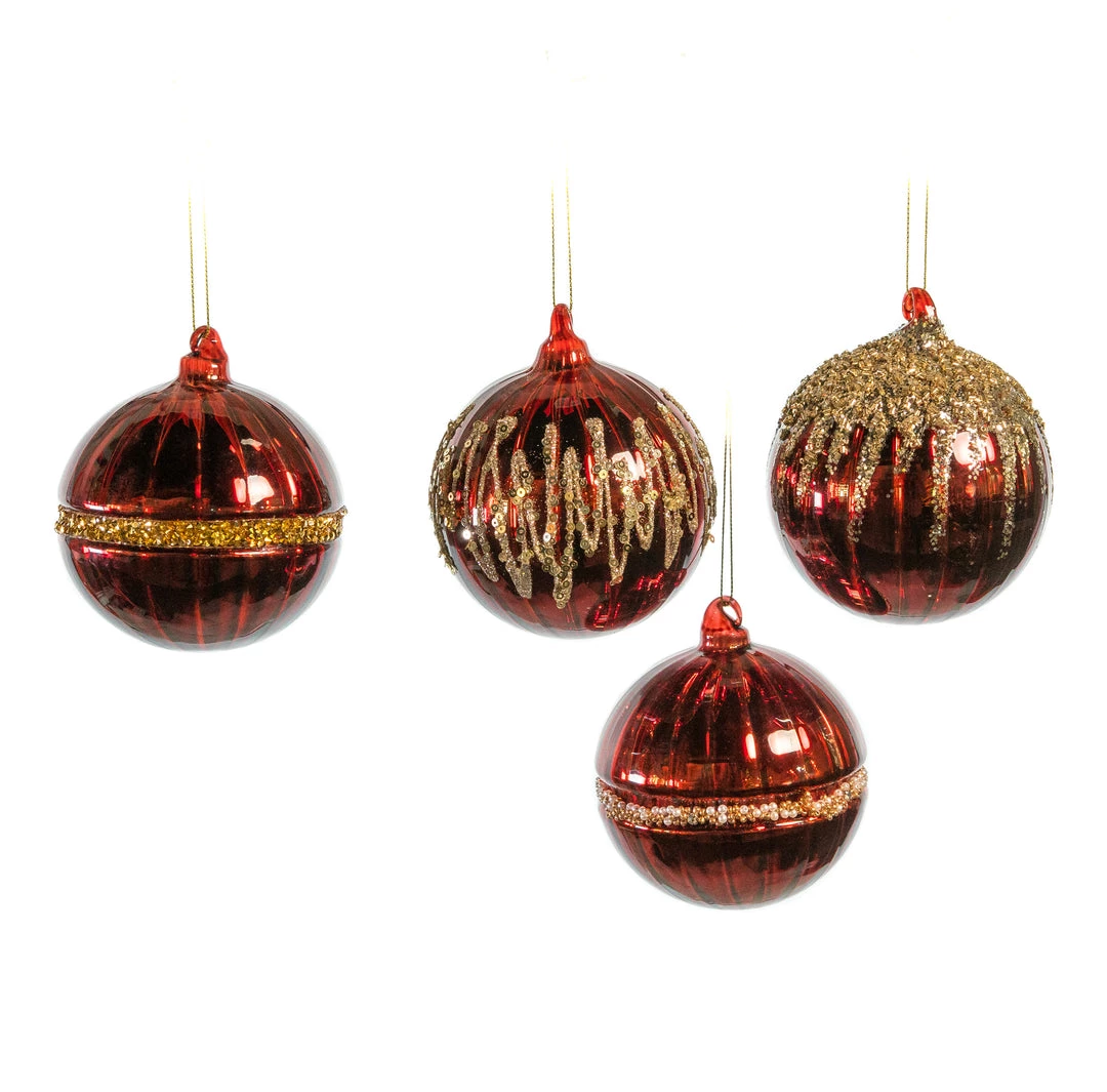 The Christmas Palace 5" RED GLASS WITH DECORATIVE GLITTER ORNAMENT SET OF 12 Christmas Ornaments 1 The Christmas Palace 5" RED GLASS WITH DECORATIVE GLITTER ORNAMENT SET OF 12 Christmas Ornaments
