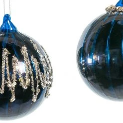 The Christmas Palace 4" NIGHT BLUE SHINY GLASS DECORATIVE ORNAMENTS ASSORTED SET OF 12 Christmas Ornaments
