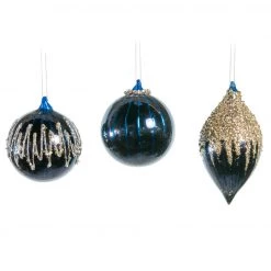 The Christmas Palace 4" NIGHT BLUE SHINY GLASS DECORATIVE ORNAMENTS ASSORTED SET OF 12 Christmas Ornaments