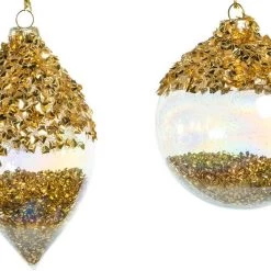 The Christmas Palace 4"- 5" CRYSTAL GOLD ORNAMENT WITH GOLD BEADS SET OF 12