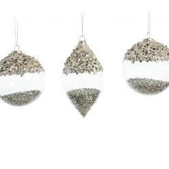 The Christmas Palace Christmas Ornaments 3" - 7" CRYSTAL SILVER GLITTER ORNAMENTS ASSORTED SET OF 12