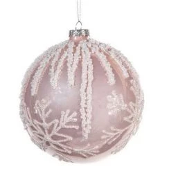 The Christmas Palace Christmas Ornaments 5" GLASS PINK WITH GLITTERED SNOWFLAKES ORNAMENT SET OF 9