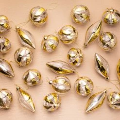 The Christmas Palace 3" CRYSTAL & GOLD GLASS ASSORTED ORNAMENT SET OF 24