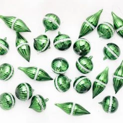 The Christmas Palace 3" - 7" SHINY GREEN GLASS WITH SILVER JEWELS ASSORTED ORNAMENT SET OF 12