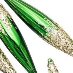 The Christmas Palace 11" SHINY GREEN GLASS ICICLE WITH GOLD GLITTER SET OF 6
