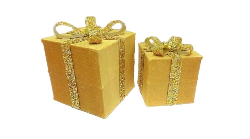 The Christmas Palace Hats & Boxes 6" & 8" GOLD GIFT BOX WITH SEQUIN BOW 1 The Christmas Palace Hats & Boxes 6" & 8" GOLD GIFT BOX WITH SEQUIN BOW