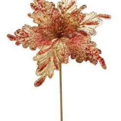 The Christmas Palace 18'' GOLD & RED GLITTER POINSETTIA SET OF 6 Flowers
