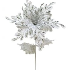 The Christmas Palace 15" WHITE & SILVER POINSETTIA SET OF 6 Flowers