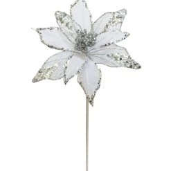 The Christmas Palace 16" WHITE SHEER SILVER POINSETTIA SET OF 6