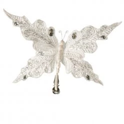 The Christmas Palace 10" WHITE GLITTER BUTTERFLY CLIP SET OF 6
