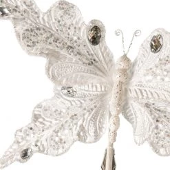 The Christmas Palace 10" WHITE GLITTER BUTTERFLY CLIP SET OF 6