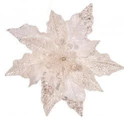 The Christmas Palace Flowers 14" WHITE GLITTER POINSETTIA SET OF 6