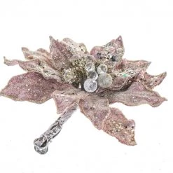 The Christmas Palace 9" PINK GLITTERED POINSETTIA CLIP SET OF 6 Flowers