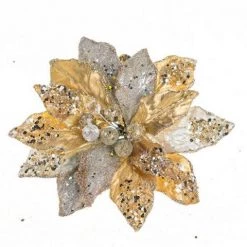 The Christmas Palace 9" GOLD & PLATINUM POINSETTIA CLIP SET OF 6