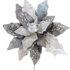 The Christmas Palace 28" ICY SILVER POINSETTIA STEM SET OF 4