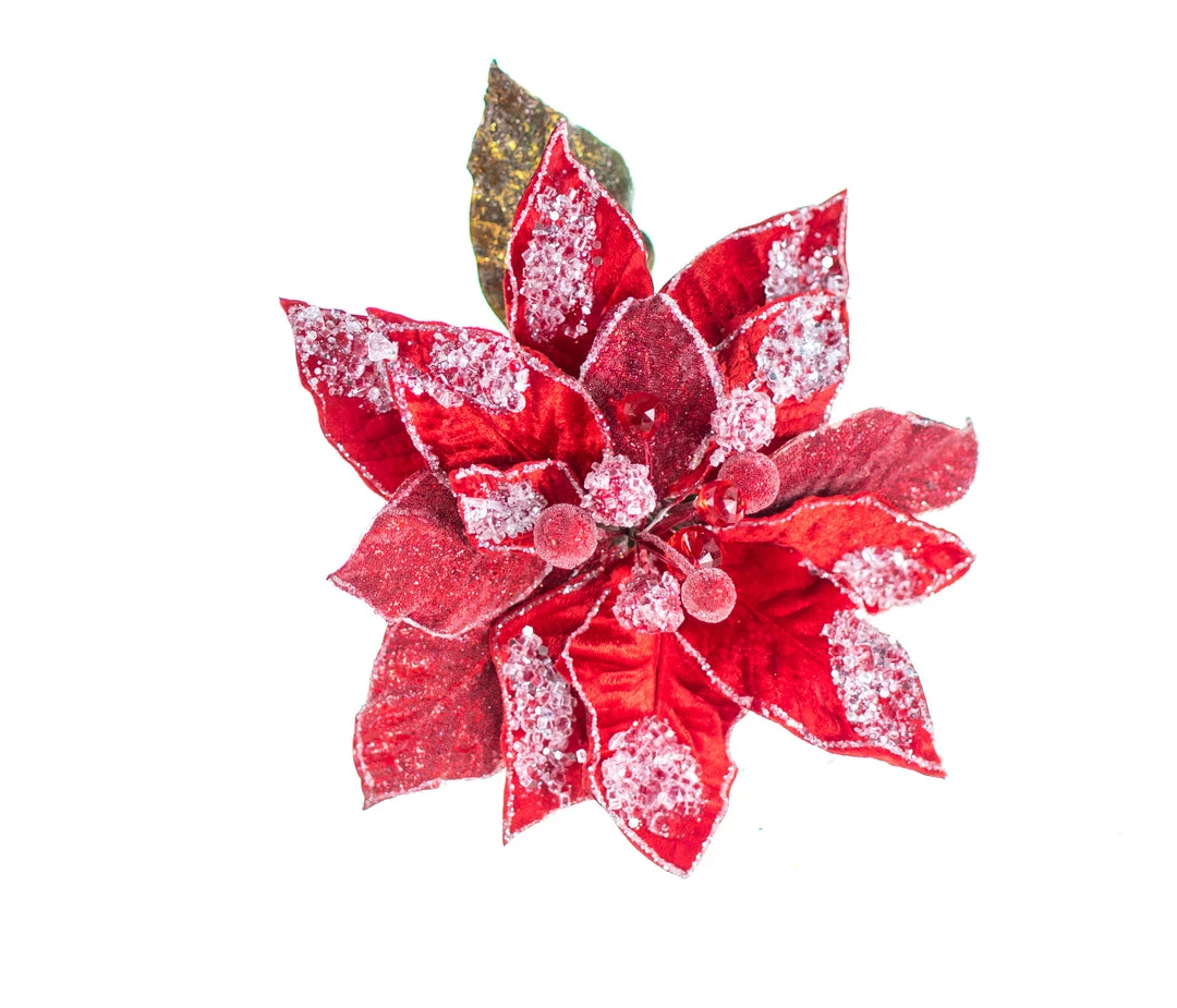 The Christmas Palace 28" RED ICY POINSETTIA STEM SET OF 4 2 The Christmas Palace 28" RED ICY POINSETTIA STEM SET OF 4