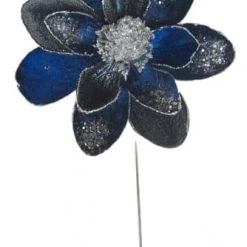 The Christmas Palace 18" SAPPHIRE BLUE & SILVER MAGNOLIA WITH LEAVES SET OF 6