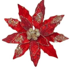 The Christmas Palace 10" RED & GOLD POINSETTIA STEM CLIP SET OF 6 Flowers