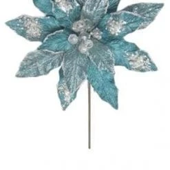 The Christmas Palace 18" PEACOCK BLUE POINSETTIA STEM WITH LEAVES SET OF 6 All About The Blues
