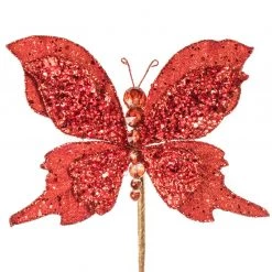 The Christmas Palace Yuletide Traditions 6" RED GLITTER BUTTERFLY PICK SET OF 6