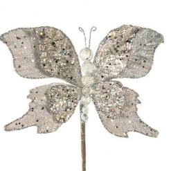 The Christmas Palace 6" SILVER GLITTER BUTTERFLY PICK SET OF 6