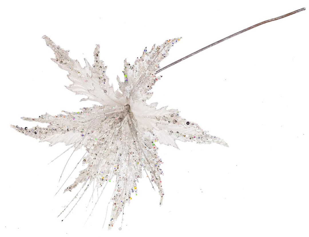 The Christmas Palace Flowers 16" WHITE & SILVER POINSETTIA STEM SET OF 6 1 The Christmas Palace Flowers 16" WHITE & SILVER POINSETTIA STEM SET OF 6