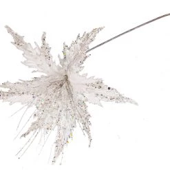 The Christmas Palace Flowers 16" WHITE & SILVER POINSETTIA STEM SET OF 6