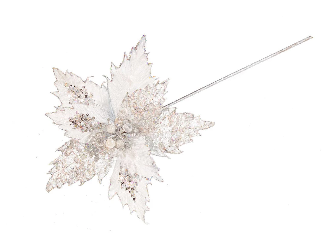 The Christmas Palace Flowers 17" SILVER GLITTER POINSETTIA STEM SET OF 6 1 The Christmas Palace Flowers 17" SILVER GLITTER POINSETTIA STEM SET OF 6