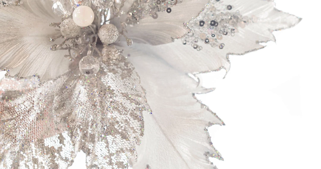 The Christmas Palace Flowers 17" SILVER GLITTER POINSETTIA STEM SET OF 6 2 The Christmas Palace Flowers 17" SILVER GLITTER POINSETTIA STEM SET OF 6