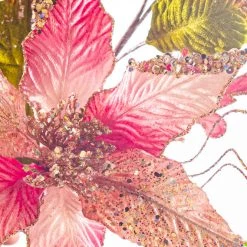 The Christmas Palace 17" PINK POINSETTIA WITH LEAVES PICK SET OF 6 Flowers