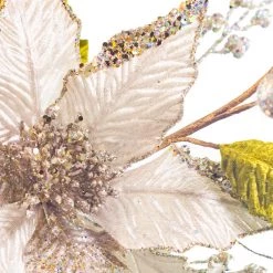 The Christmas Palace 17" PLATINUM POINSETTIA WITH LEAVES PICK SET OF 6