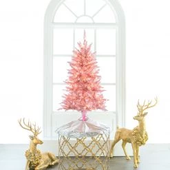 The Christmas Palace 4 FT PINK TINSEL SLIM TREE PRE LIT CLEAR LIGHTS CHRISTMAS TREES