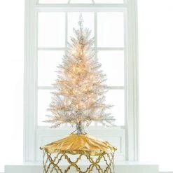 The Christmas Palace 4 FT SILVER TINSEL TREE PRE LIT CLEAR LIGHTS CHRISTMAS TREES