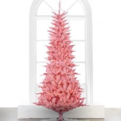 The Christmas Palace Pretty In Pink 7.5 FT PINK TINSEL SLIM TREE PRELIT CLEAR LIGHTS