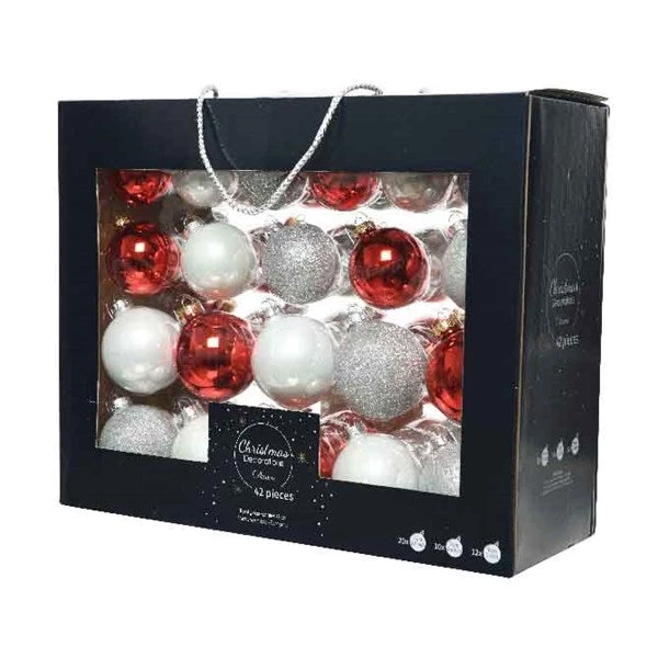 The Christmas Palace Shatterproof & Glass Sets 3" WHITE & RED ASSORTED GLASS ORNAMENT SET OF 42 PIECES 2 The Christmas Palace Shatterproof & Glass Sets 3" WHITE & RED ASSORTED GLASS ORNAMENT SET OF 42 PIECES