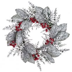 The Christmas Palace 24" SNOWY BERRY LEAF MAGNOLIA WREATH UNLIT Wreaths