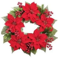 The Christmas Palace 24" RED PONSETTIA BERRY WREATH UNLIT Wreaths