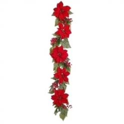 The Christmas Palace 5 FT RED POINSETTIA BERRY GARLAND UNLIT Garlands