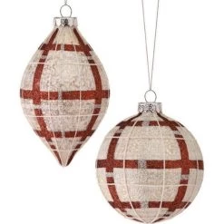 The Christmas Palace Christmas Ornaments 4-5" RED & CREAM PLAID GLASS BALL ORNAMENT ASSORTED SET OF 6