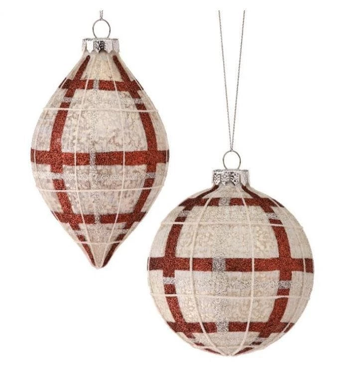 The Christmas Palace Christmas Ornaments 4-5" RED & CREAM PLAID GLASS BALL ORNAMENT ASSORTED SET OF 6 1 The Christmas Palace Christmas Ornaments 4-5" RED & CREAM PLAID GLASS BALL ORNAMENT ASSORTED SET OF 6