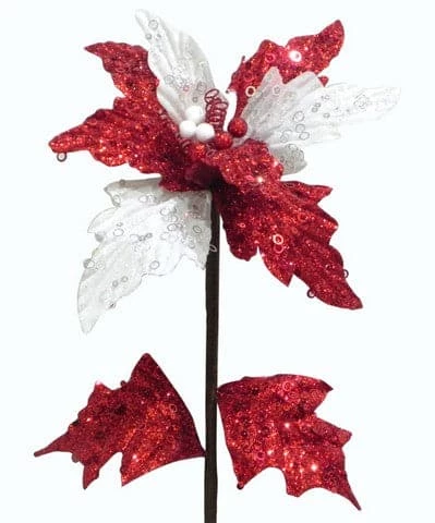 The Christmas Palace 23" RED & WHITE GLITTER SEQUIN POINSETTIA SET OF 12 Flowers 1 The Christmas Palace 23" RED & WHITE GLITTER SEQUIN POINSETTIA SET OF 12 Flowers