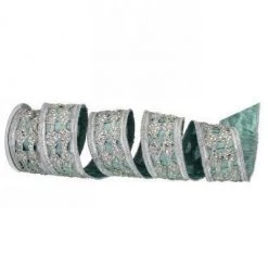 The Christmas Palace Ribbon & Bows 2.5" X 5YD AQUA & SILVER JEWELED CUT OUT DUPION RIBBON